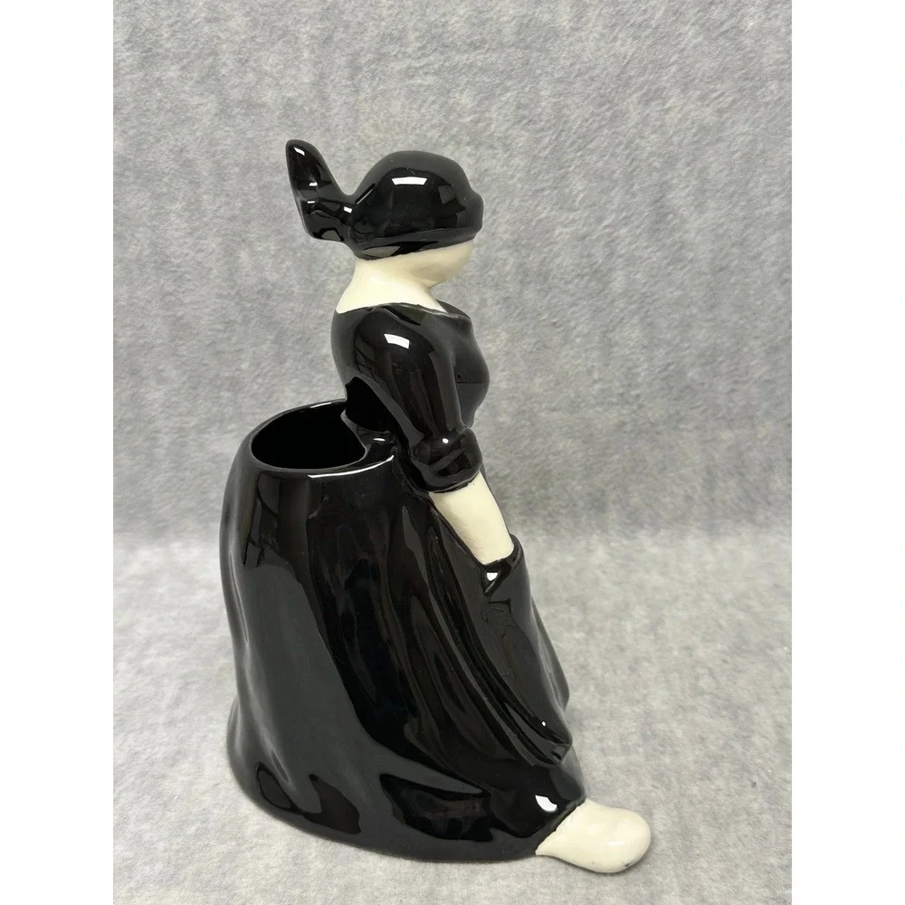 Vintage Dept 56 Peasant Girl Woman Ceramic Planter Black White Figurine